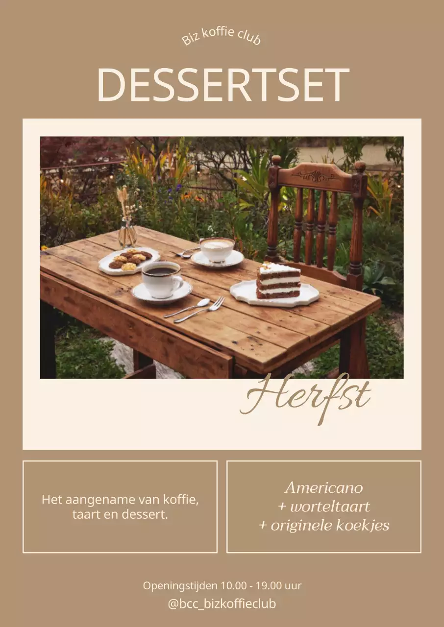Verticale poster met een foto van een dessert op een bruine achtergrond en een tekstvak
