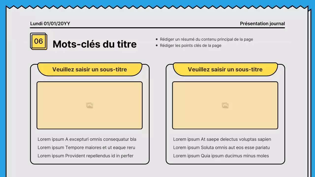 Lignes audacieuses et présentation attirant l'attention dans un concept de journal avec des couleurs d'accent jaune et bleu clair