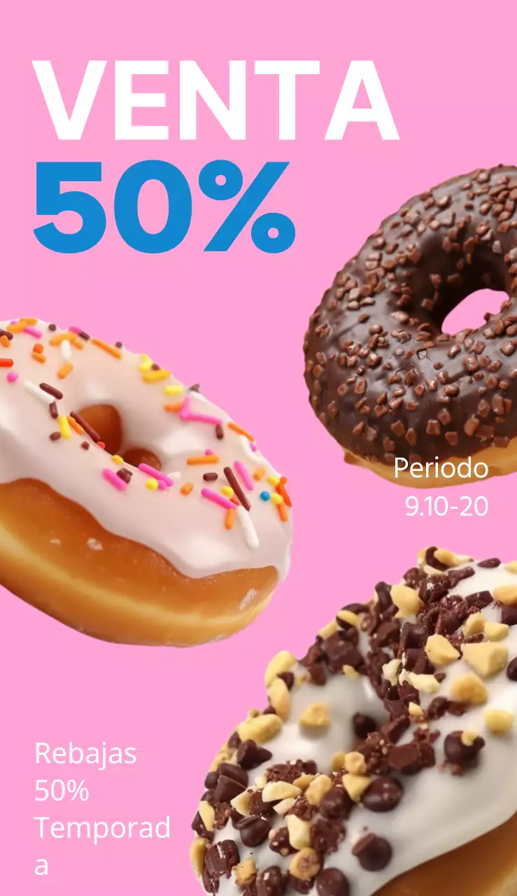 Un cartel sencillo y colorido con texto y fotos sobre un evento de venta de donuts.