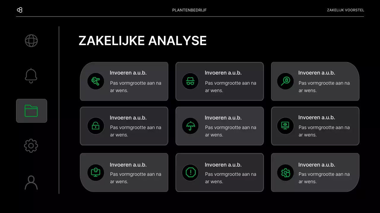 Zakelijk voorstel voor een bedrijf met een zwart en groen natuurlijk bladconcept