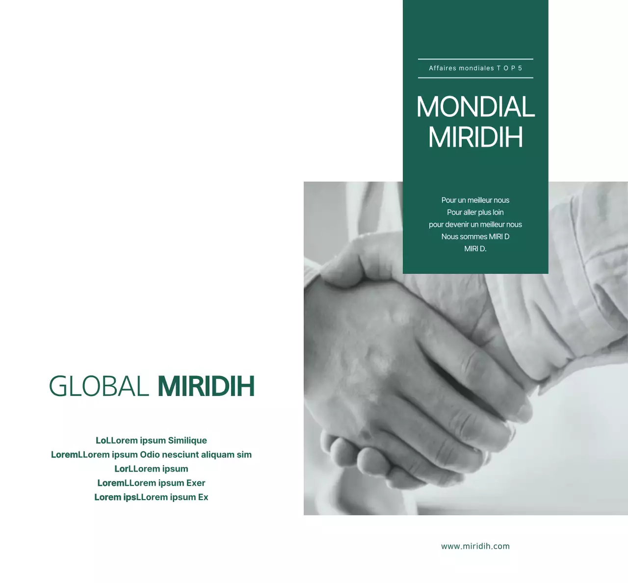 Un mirage mondial simple avec un texte et des images vert foncé pour promouvoir l'entreprise.