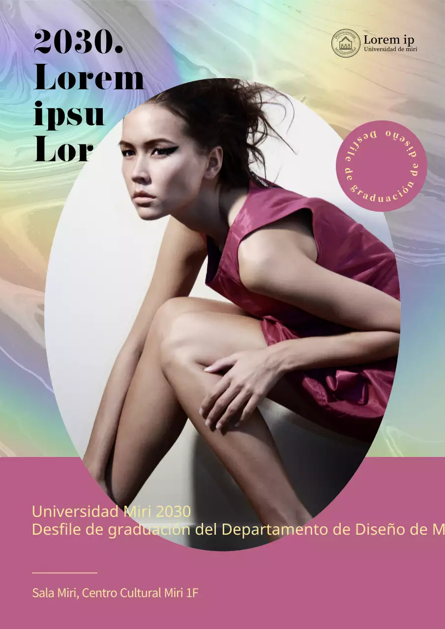Un glamuroso desfile de graduación con títulos en rosa y amarillo