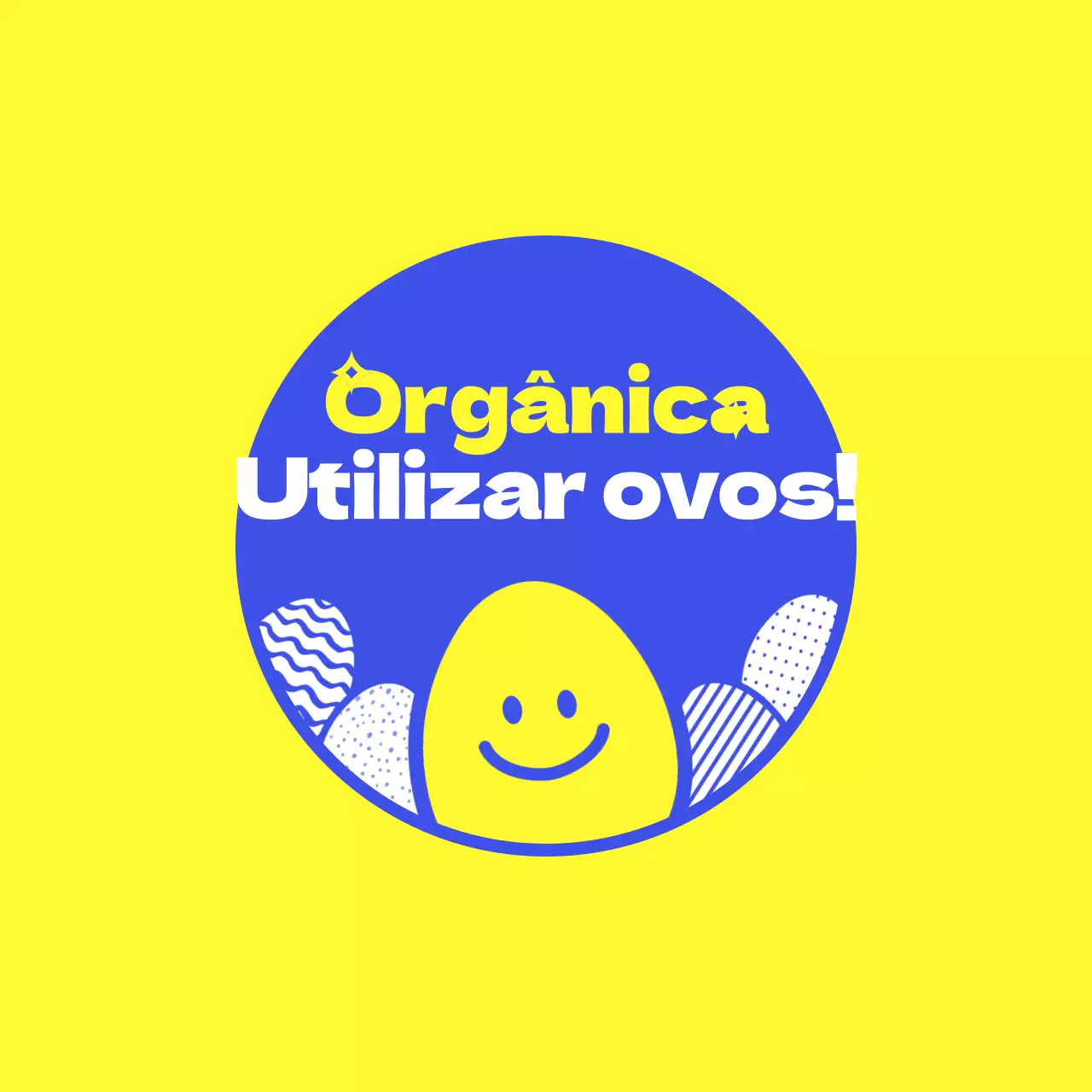 Ovos orgânicos certificados com ilustrações de personagens de ovos amarelos e azuis
