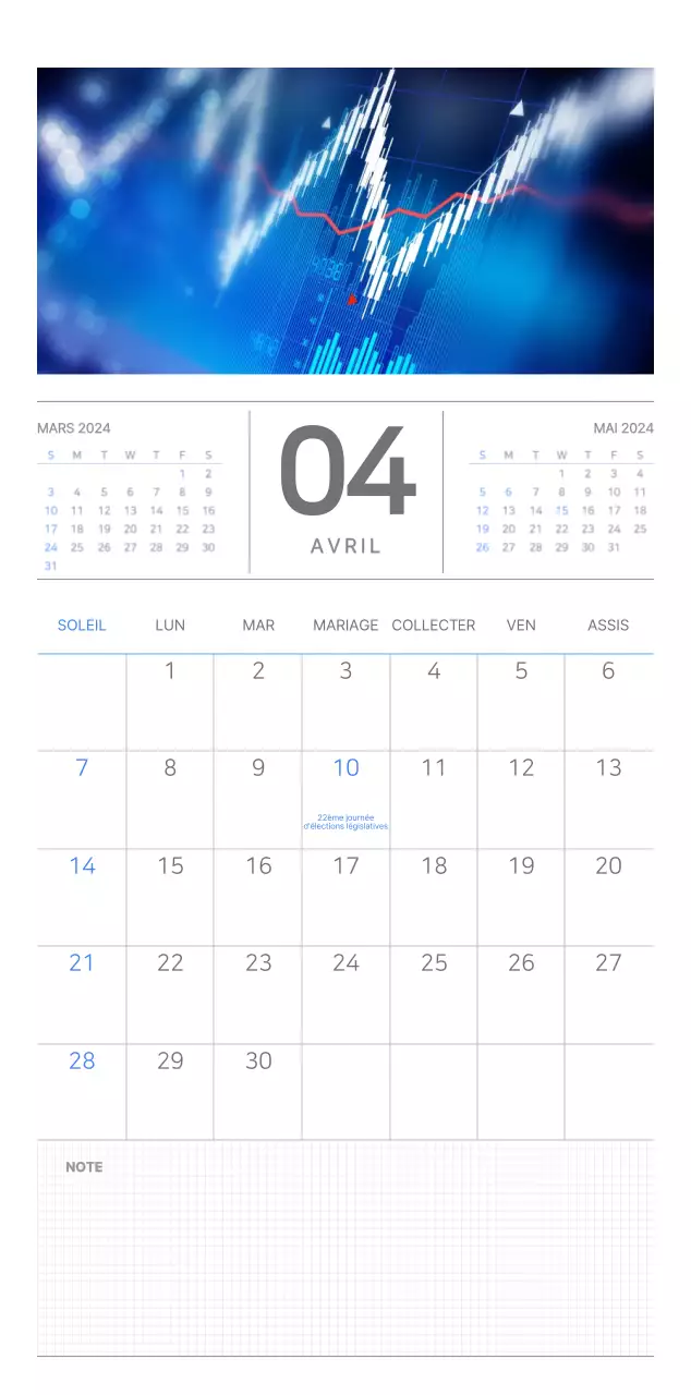 Calendrier mural bleu et blanc avec un concept d'entreprise simple