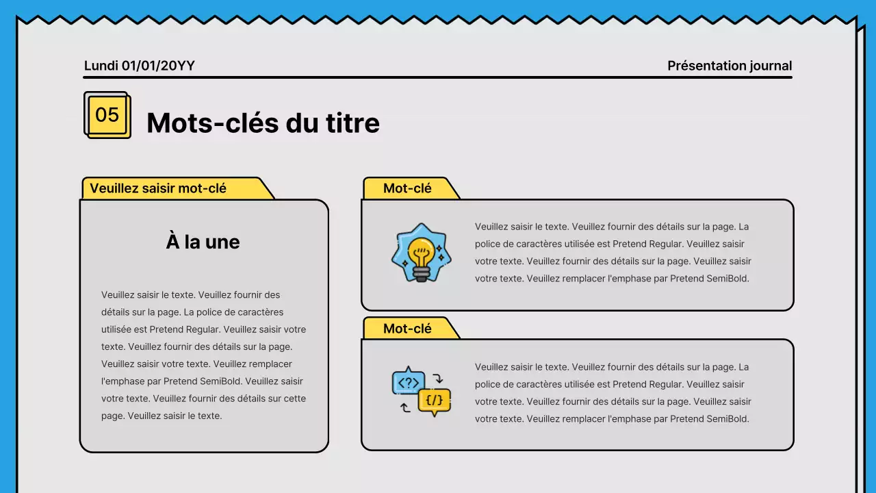 Lignes audacieuses et présentation attirant l'attention dans un concept de journal avec des couleurs d'accent jaune et bleu clair