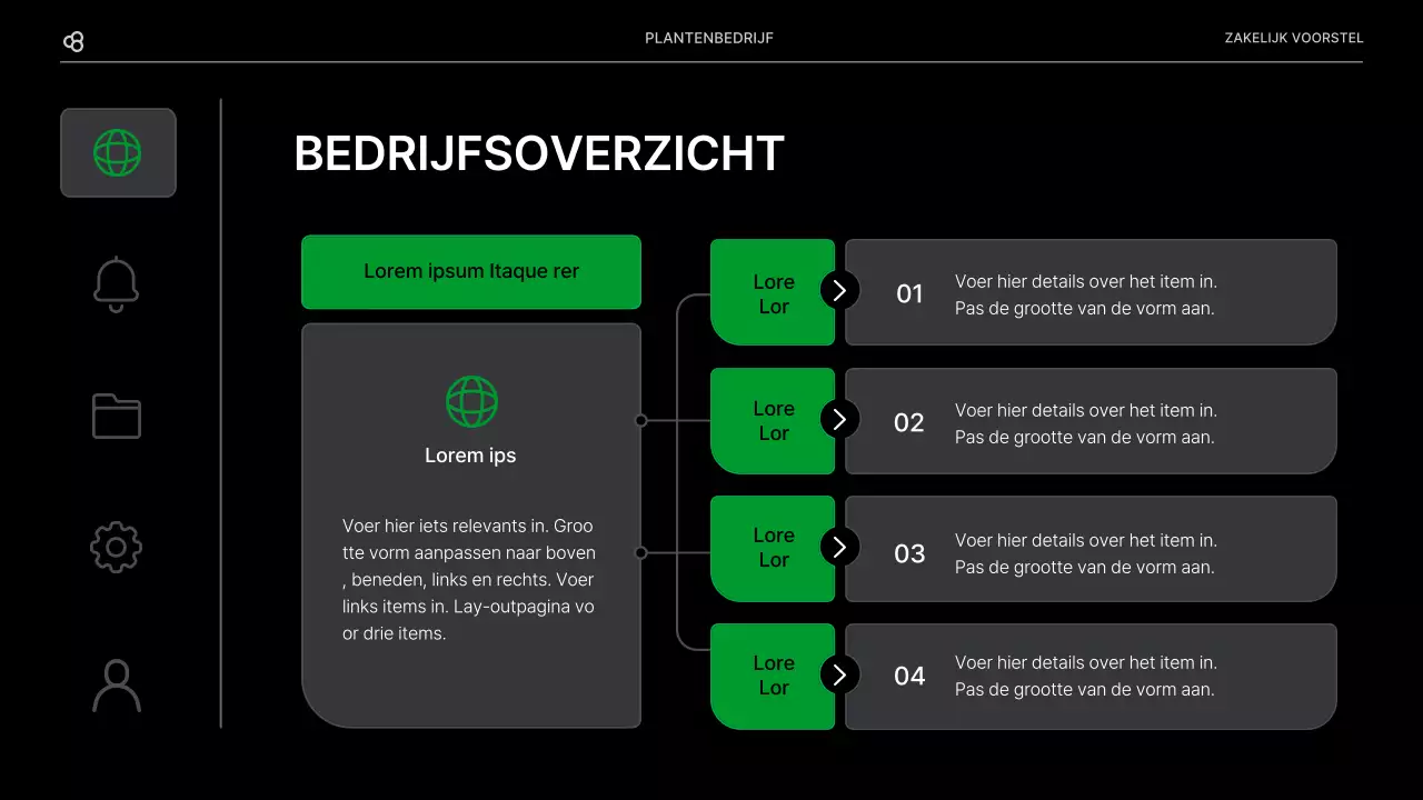 Zakelijk voorstel voor een bedrijf met een zwart en groen natuurlijk bladconcept