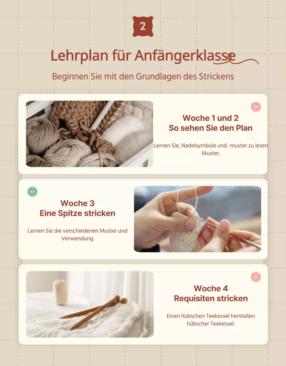 Werben Sie für einen Strickkurs in Beige und Rot.
