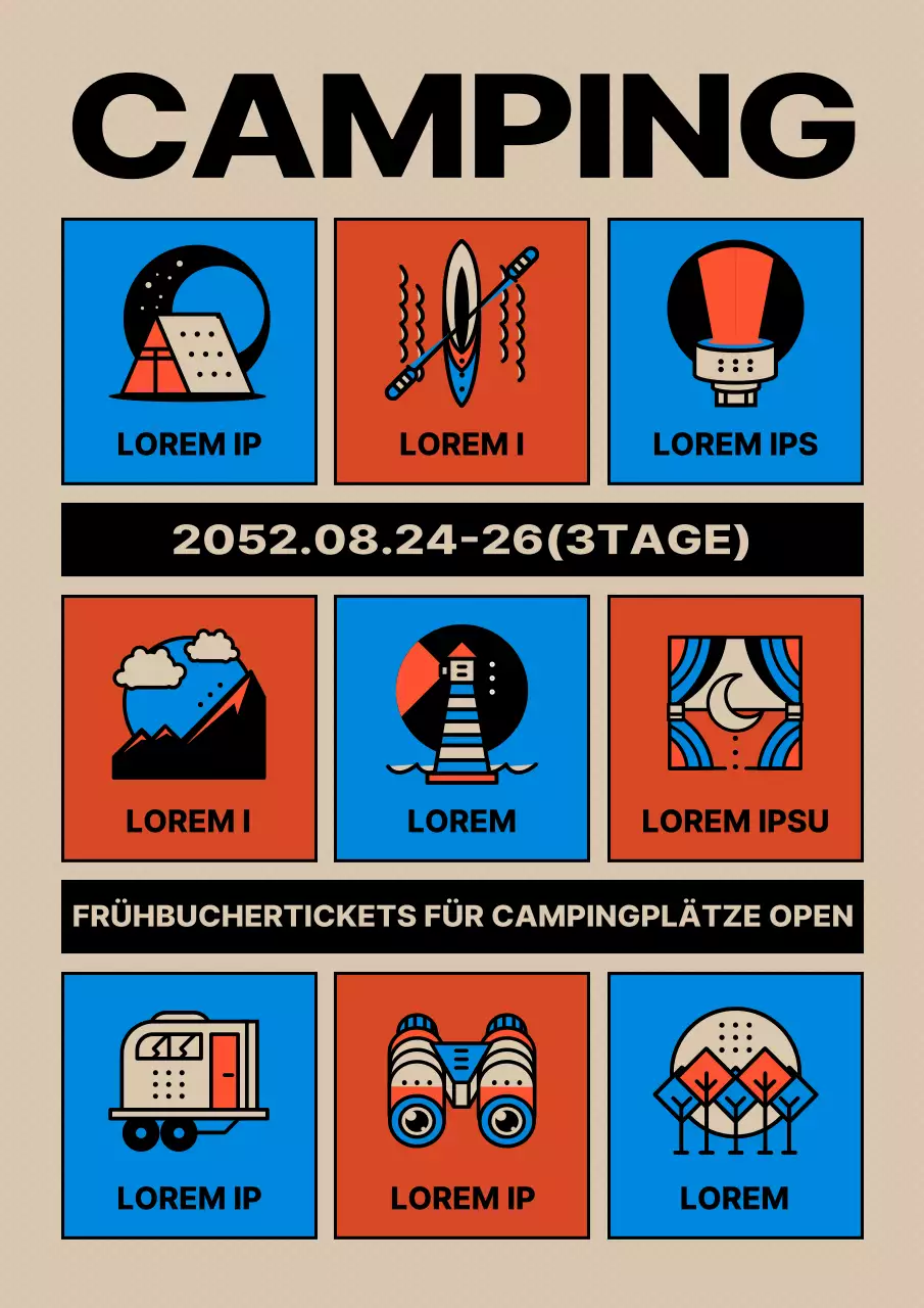 Rot-blauer Vintage-Campingplatz Buchungshinweis