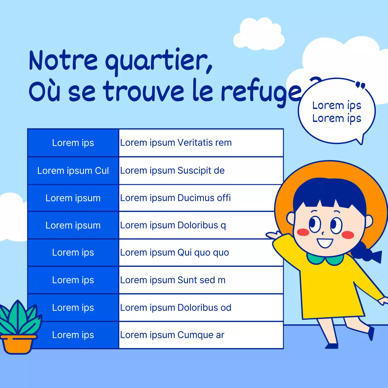 L'horaire des abris en cas de vague de chaleur estivale est illustré par des personnages simples et mignons en bleu clair et en bleu.