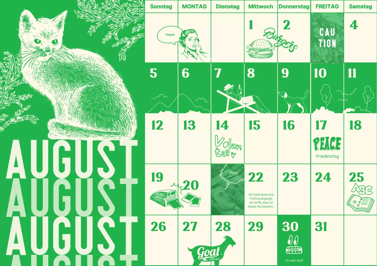 Sentimentaler illustrierter Gedankenkalender im Vintage-Stil mit grünem Hintergrund