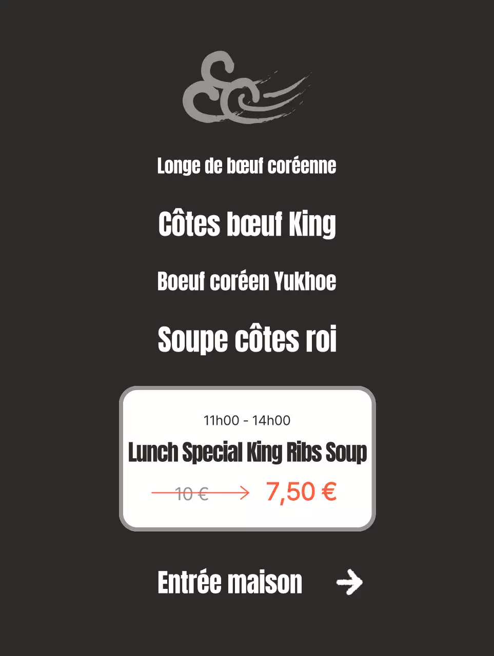 Promouvoir un restaurant propre, d'inspiration coréenne, avec des images de bœuf coréen sur fond noir.