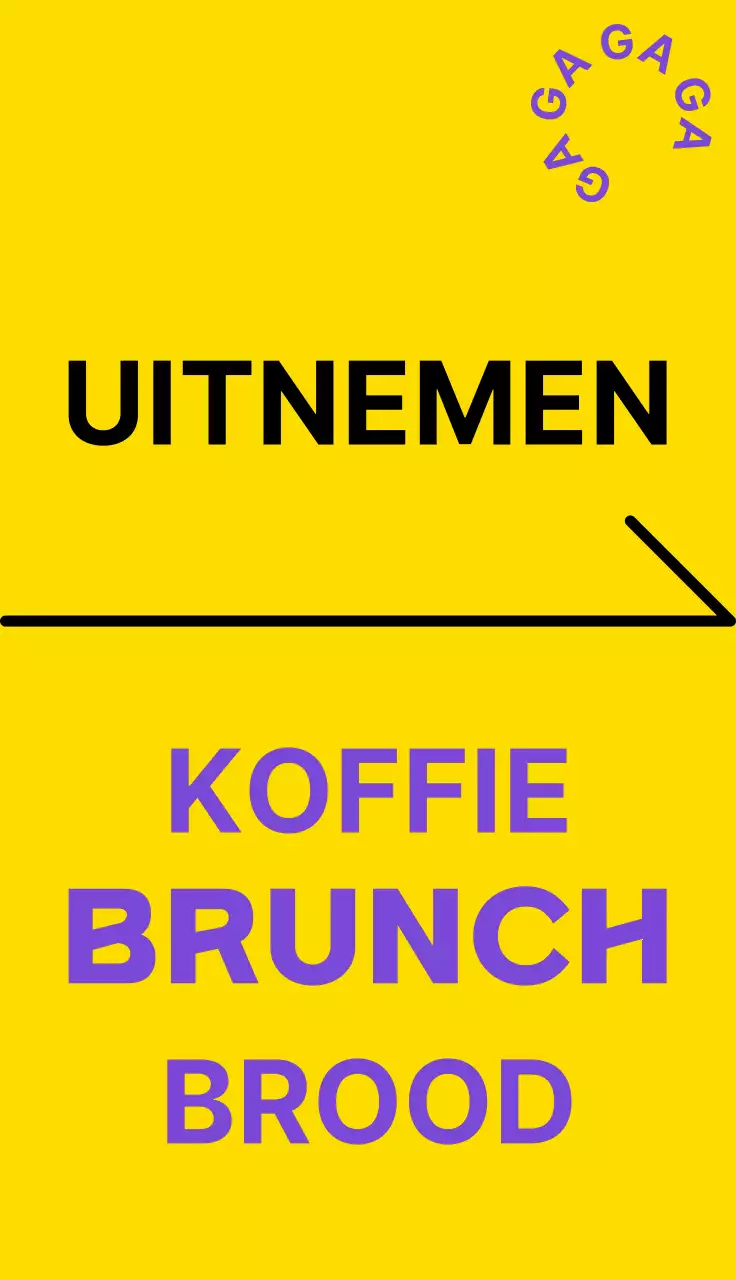 Een eenvoudig uithangbord voor een café in geel, zwart en paars met tekst en vormen in verband met het Gogo Coffee café.