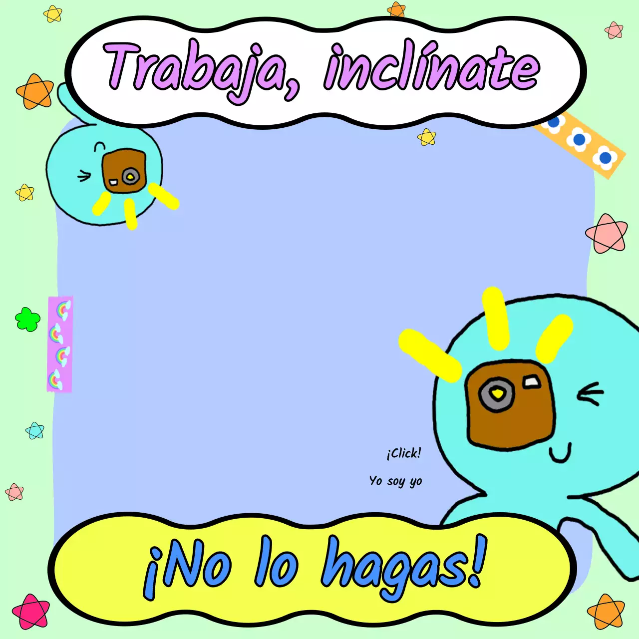 Un divertido garabato con un fondo verde claro y un personaje pulpo azul claro.