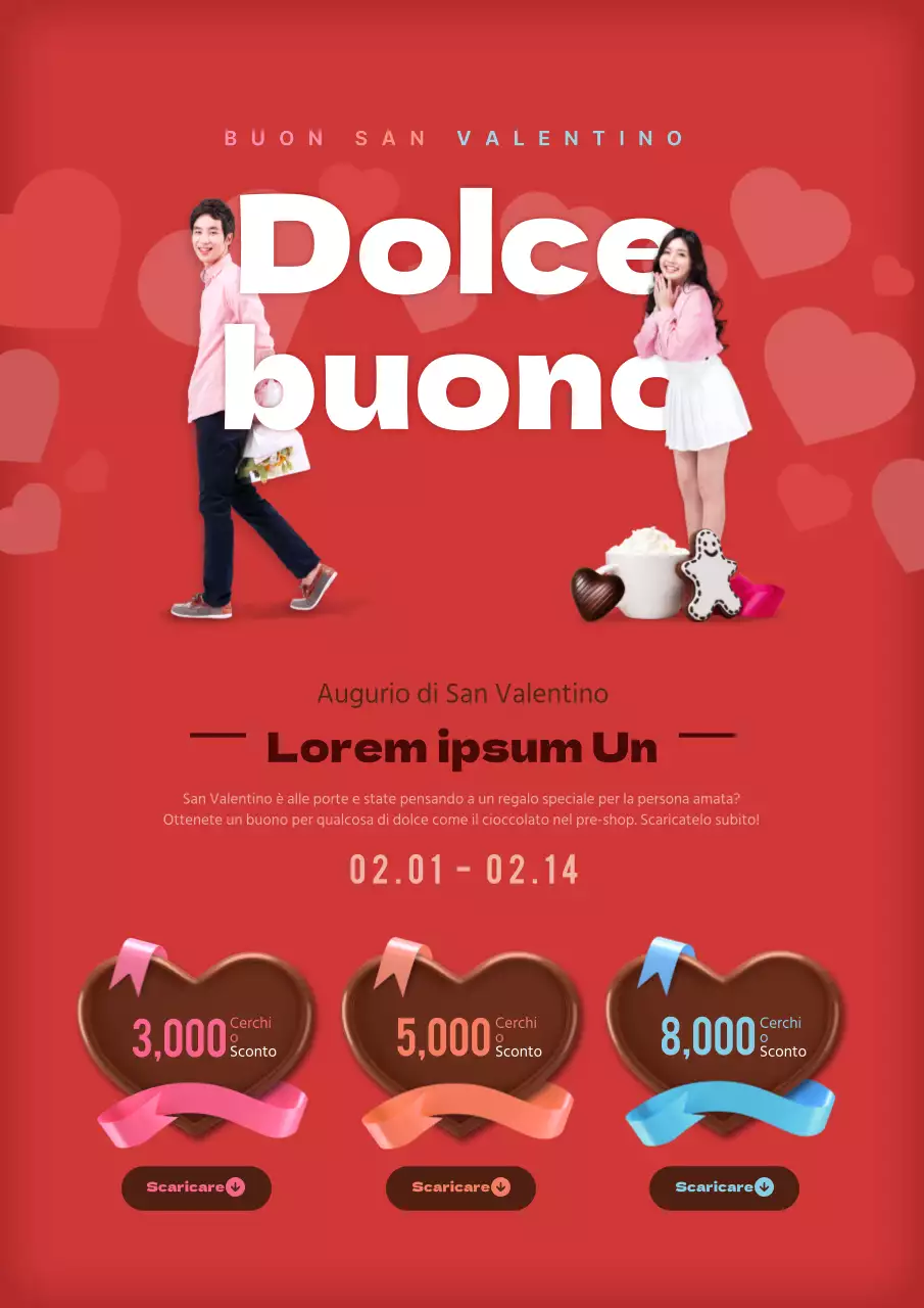 Volantino per eventi con coupon di San Valentino in rosso