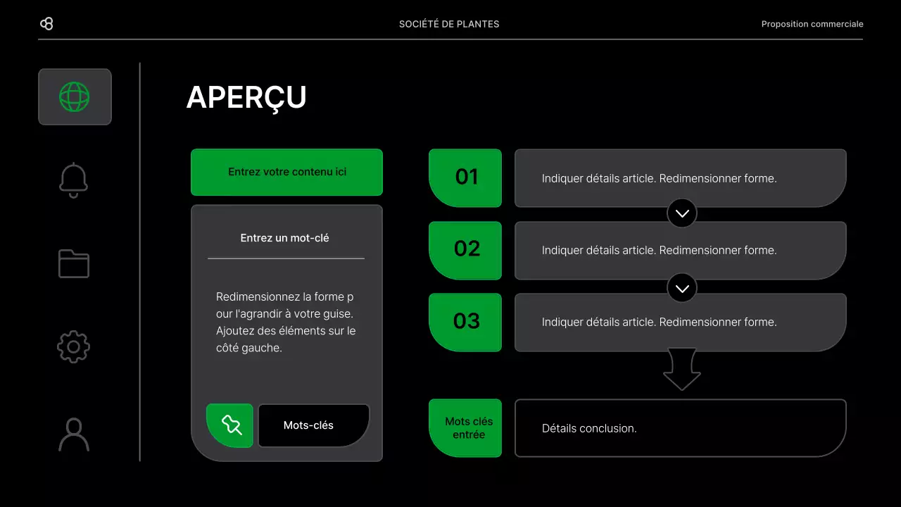 Proposition d'affaires pour une entreprise avec un concept de feuilles naturelles noires et vertes