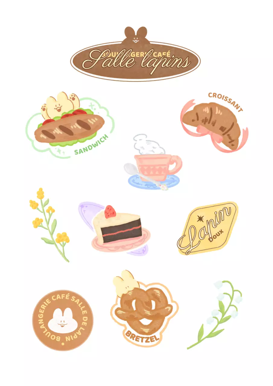 Une gamme d'articles illustrant des cafés en rapport avec le pain et le café et mettant en scène un lapin coloré.