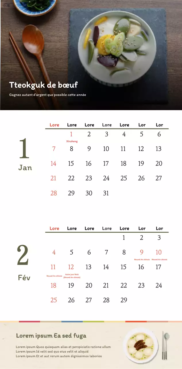 Calendrier des coupons de restaurants coréens traditionnels en beige et marron