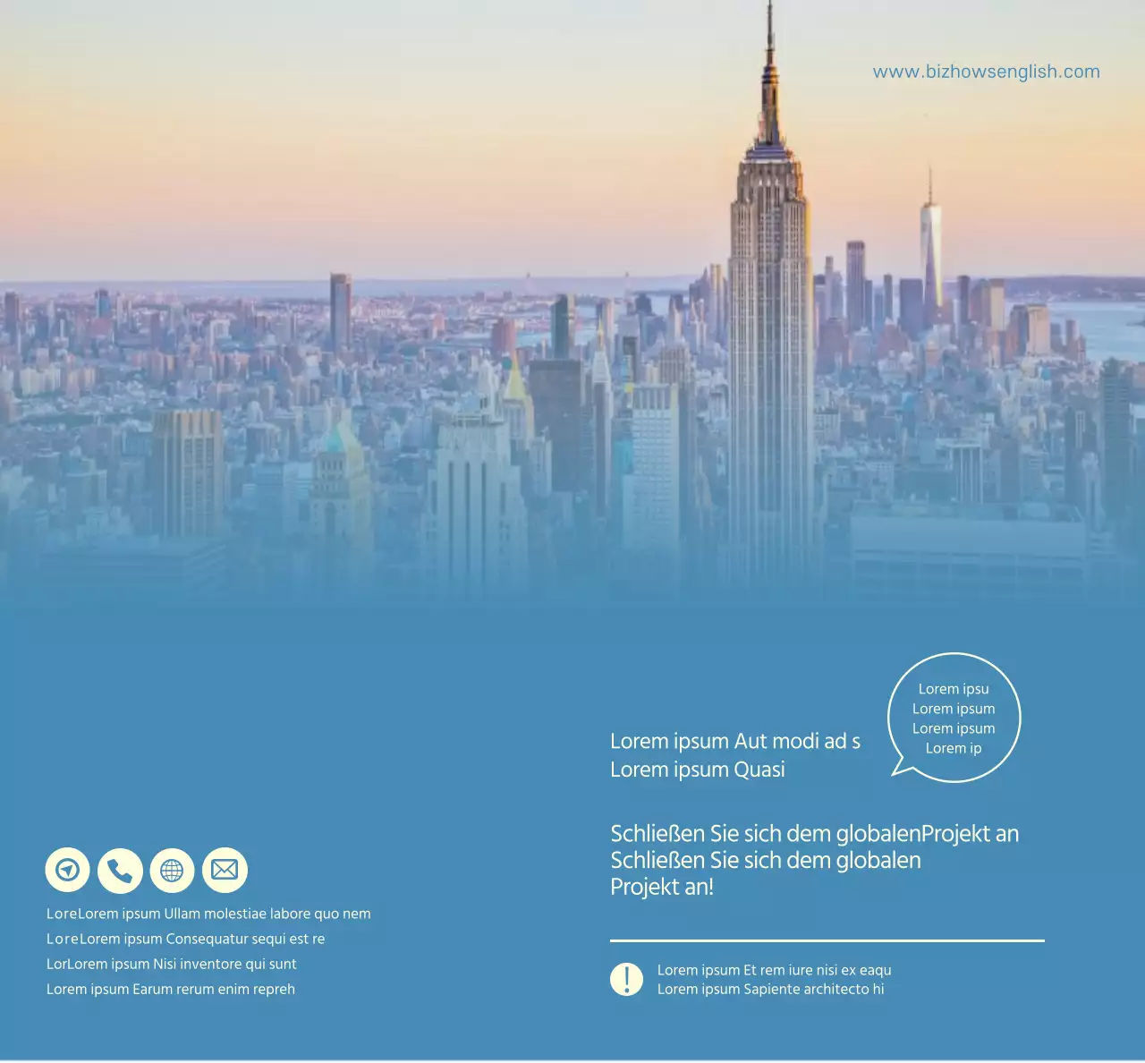 Werbung für eine Sprachschule mit blauen und gelben Fotos von fremden Landschaften