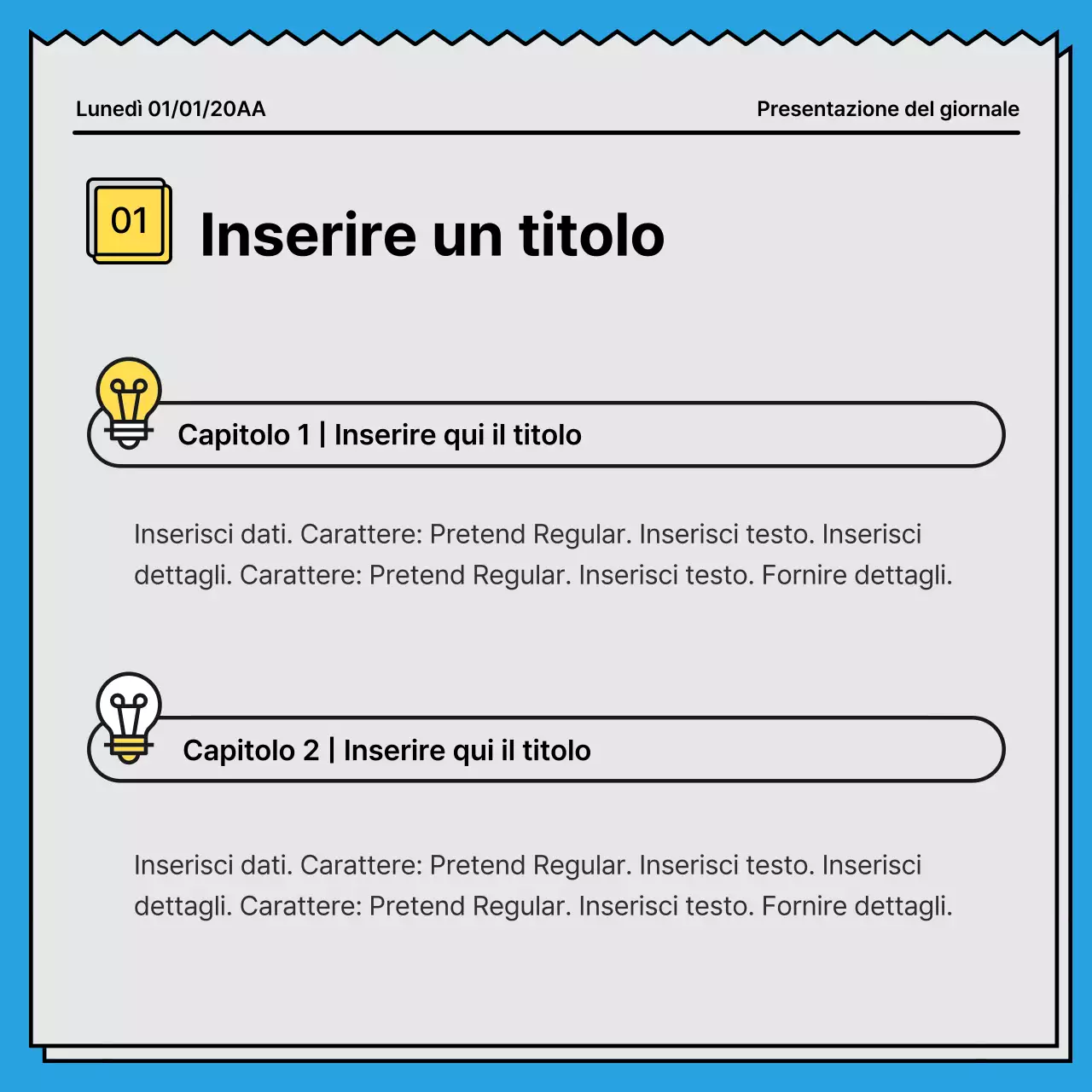 Cartolina di notizie in grassetto, che attira l'attenzione, con un concetto di giornale e colori d'accento gialli e azzurri.