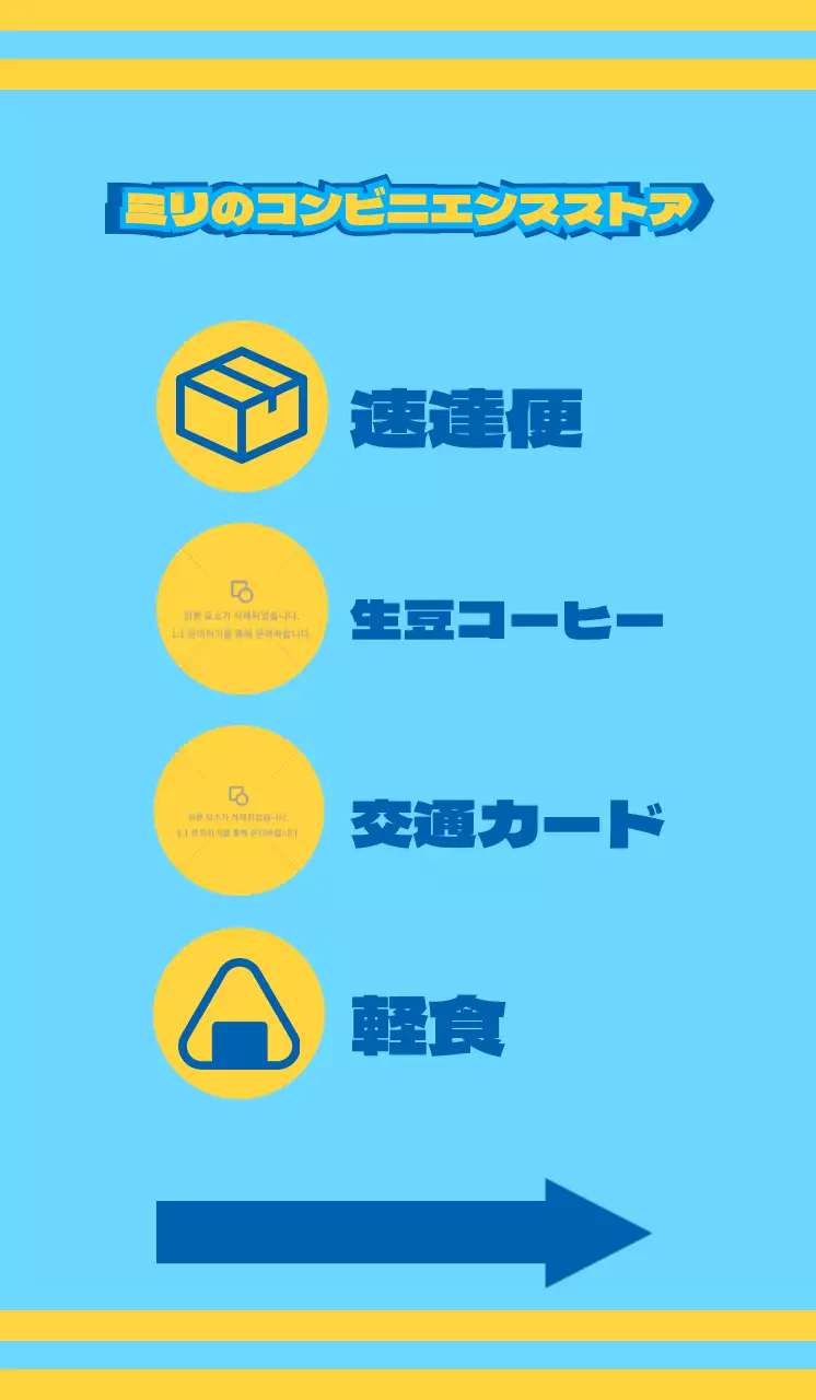 青と黄色のアイコンで様々なサービスをアピールするコンビニエンスストア。