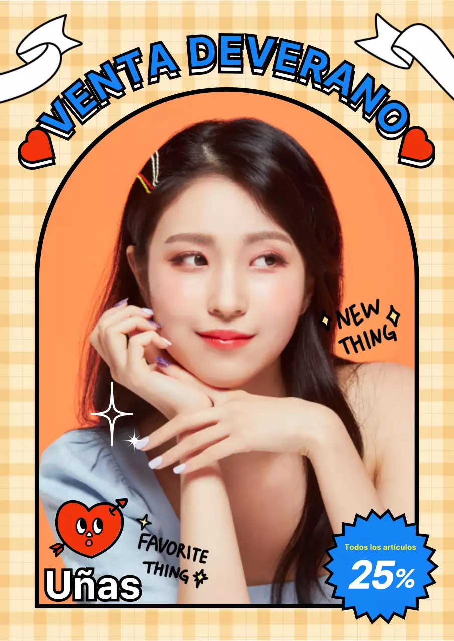 Modelo femenino con el arte del clavo en el fondo amarillo del cheque