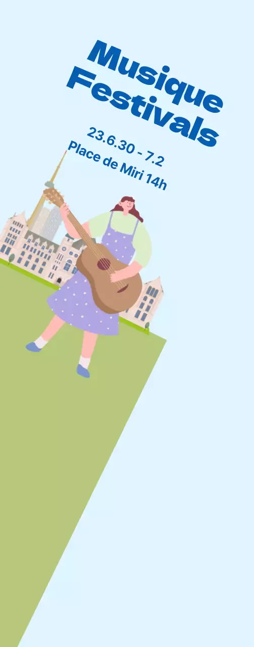 Promotion d'un festival de musique sur fond bleu clair et vert d'herbe