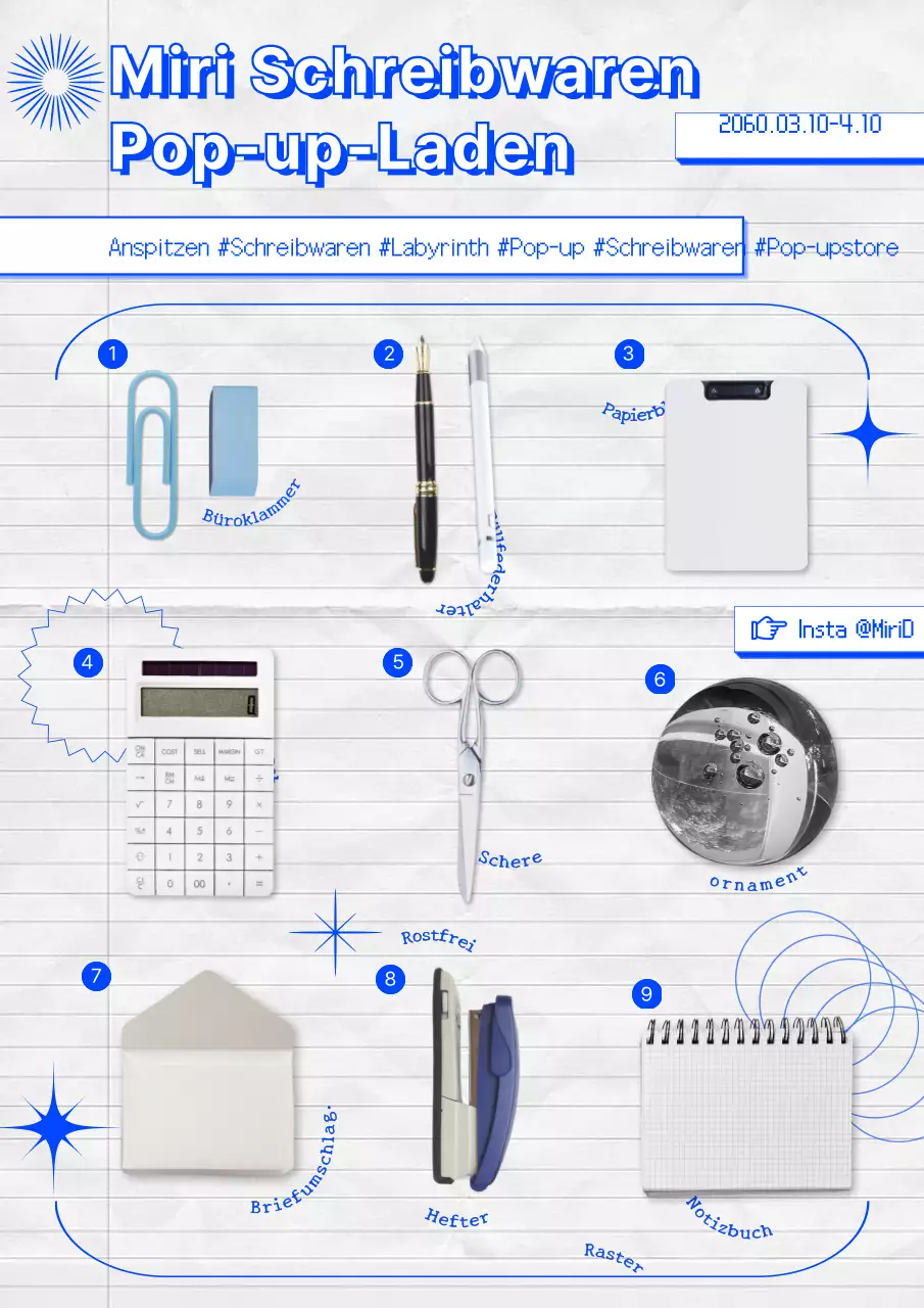 Weißes und blaues trendiges Schreibwaren-Pop-up-Geschäft Werbematerial