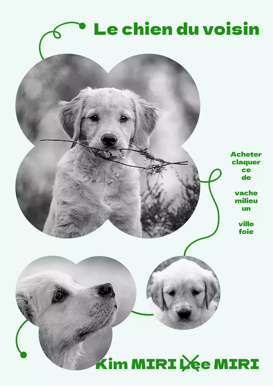 Mignon cadre rond concept d'histoire de chiot en vert et noir et blanc