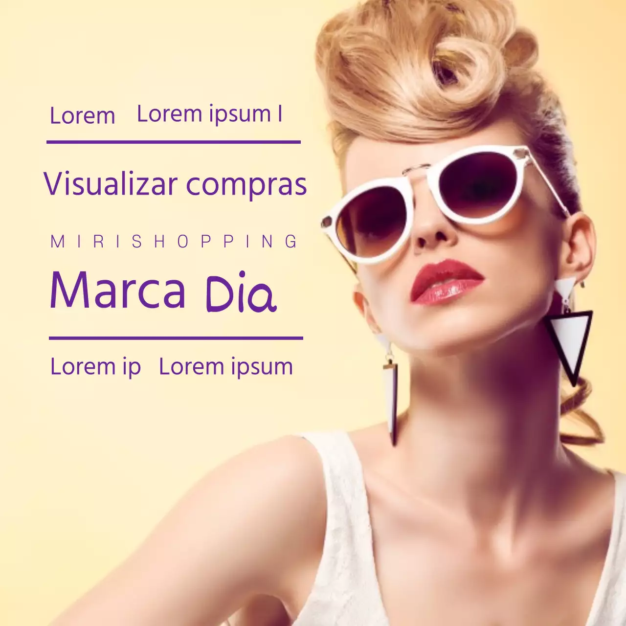Anúncio de oferta de marca de shopping center de roupas femininas da moda amarelas e roxas