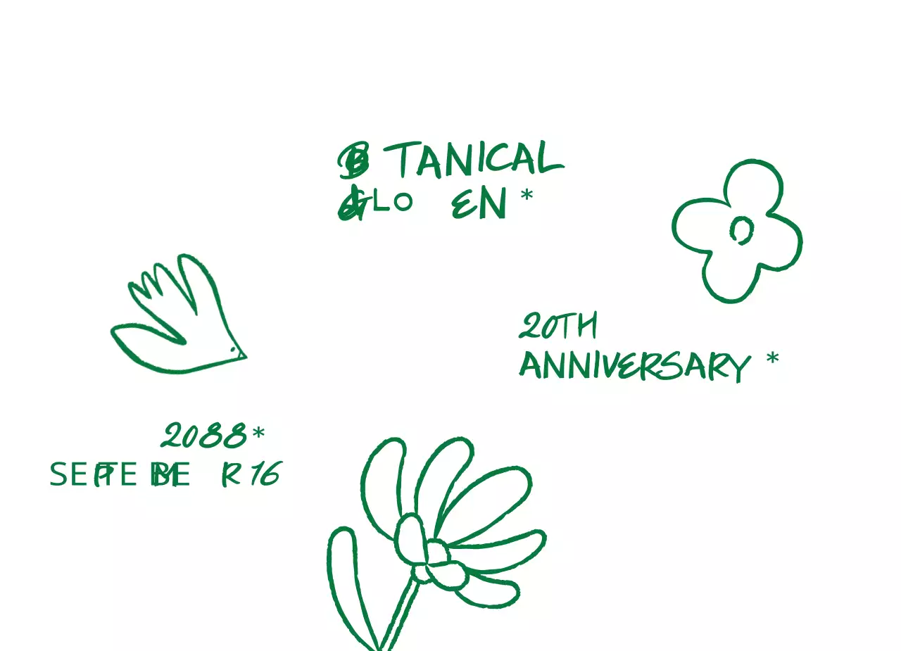 Uma celebração simples num jardim botânico, verde e desenhada à mão