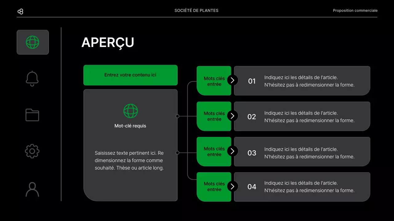 Proposition d'affaires pour une entreprise avec un concept de feuilles naturelles noires et vertes