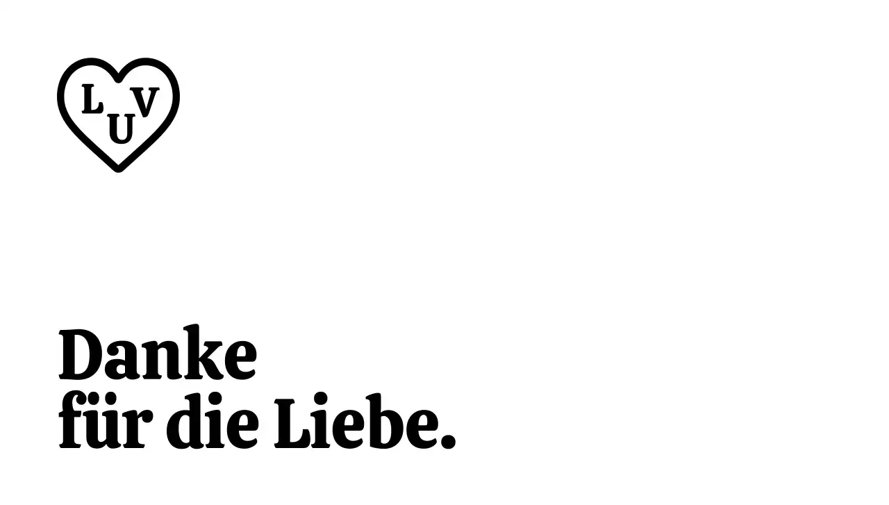 Ein schlichter, gebrandeter Dankesumschlag mit schwarzem Text und einer herzförmigen Illustration.