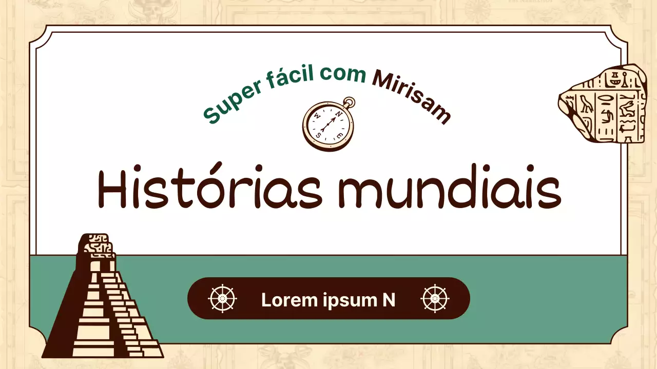Ilustrações históricas em bege e verde realçam as lições de história mundial
