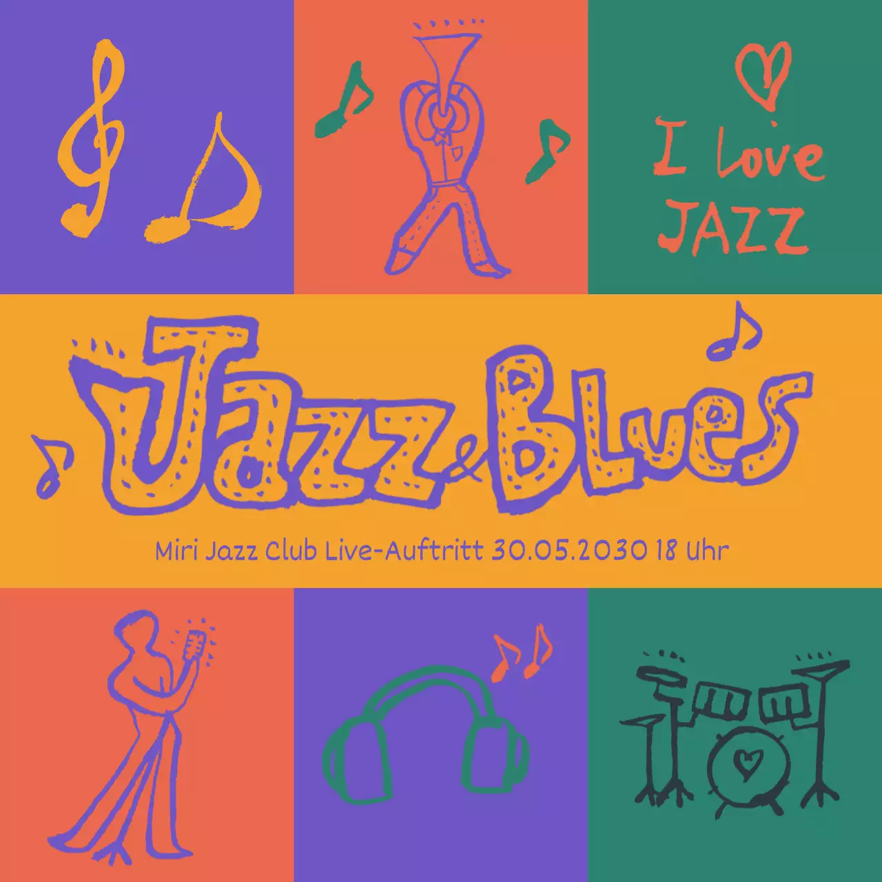 Förderung einer Jazz-Performance mit lila-gelber Farbigkeit