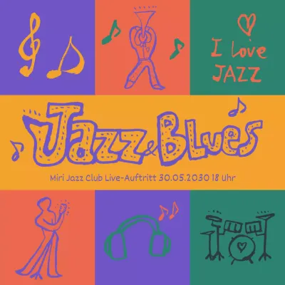 Förderung einer Jazz-Performance mit lila-gelber Farbigkeit