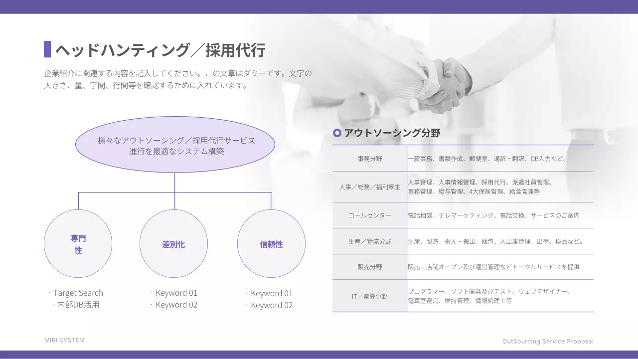 紫 シンプル アウトソーシング 提案書 プレゼンテーション