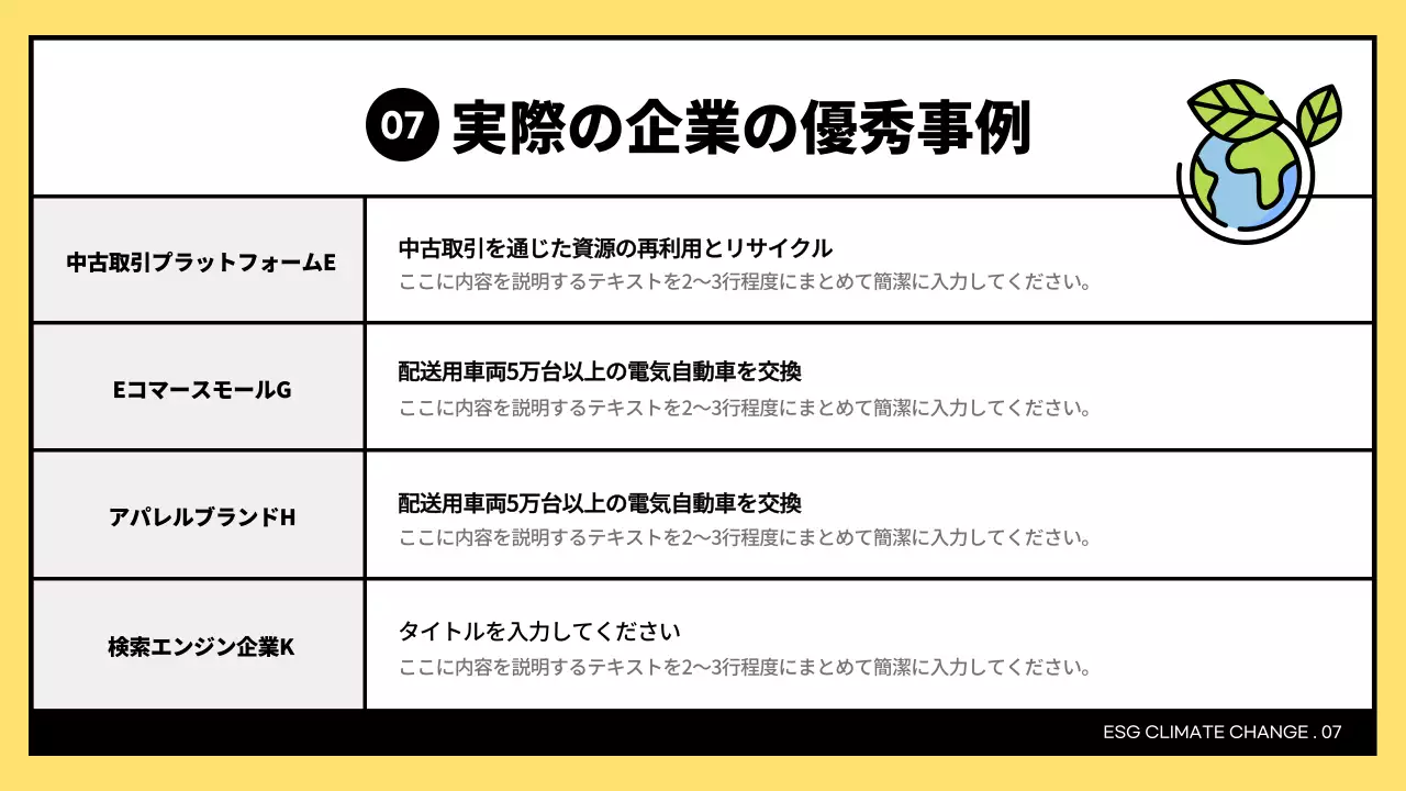 黄色と黒のシンプルなESGと気候変動への対応