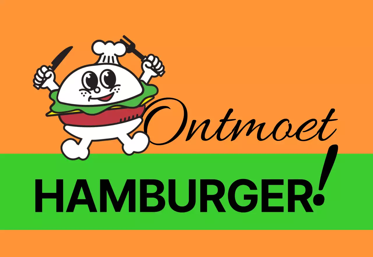 Unieke bewegwijzering in de winkel met kleurrijke, veelkleurige Meal Burger-tekst en schattige hamburgerkarakters