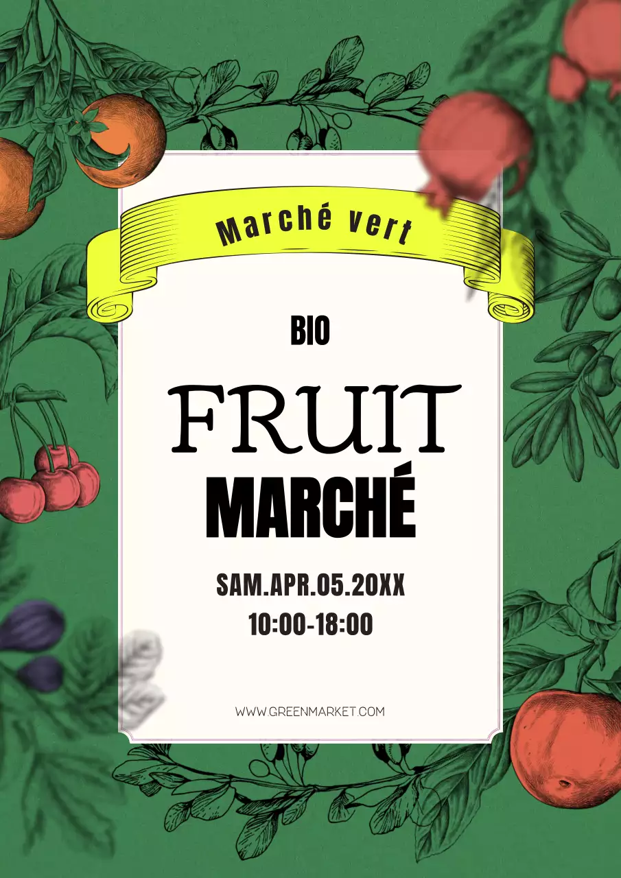 Affiche promotionnelle d'un marché de producteurs avec des fruits dessinés à la main sur fond vert