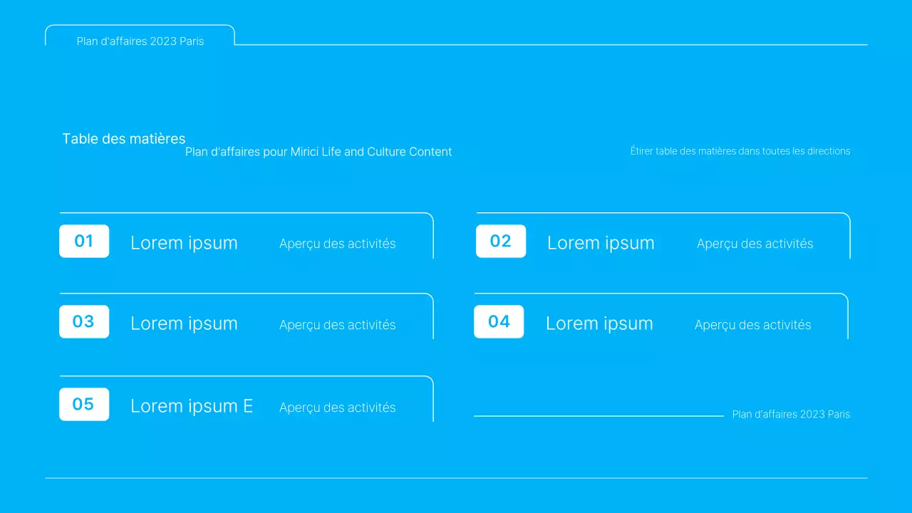 Une présentation de plan d'affaires de contenu culturel propre, en bleu et blanc
