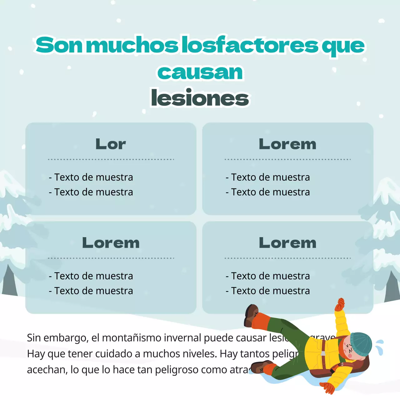 Simpáticas ilustraciones en azul claro y verde Consejos de seguridad en la montaña de invierno