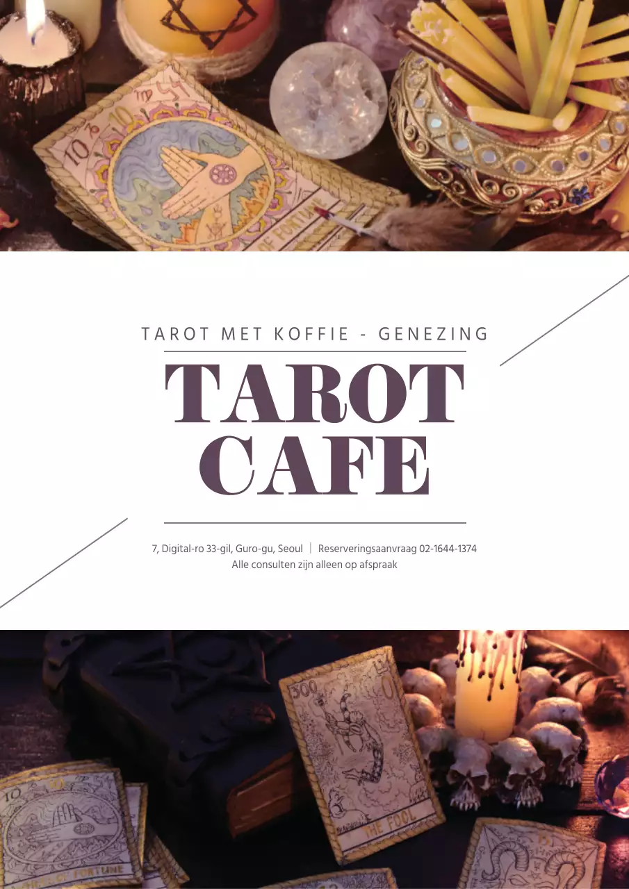 Promoot je tarot café met mystieke paarse foto's