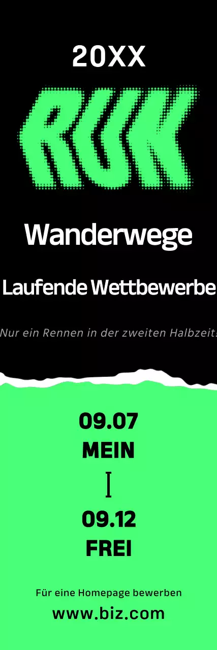 Ein plakatives Werbebanner für den Marathon mit leuchtend grünem, schwarz-weißem Text und Illustrationen zum Rennen.
