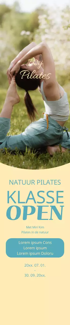 Banner die een Pilates-les promoot met een gele achtergrond