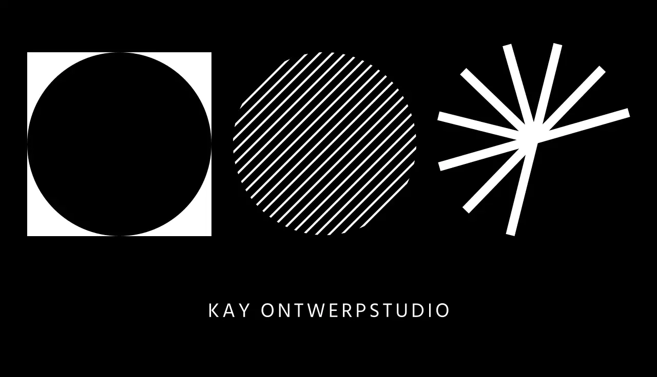 Visitekaartje van ontwerpstudio met geometrische vormelementen op zwarte achtergrond