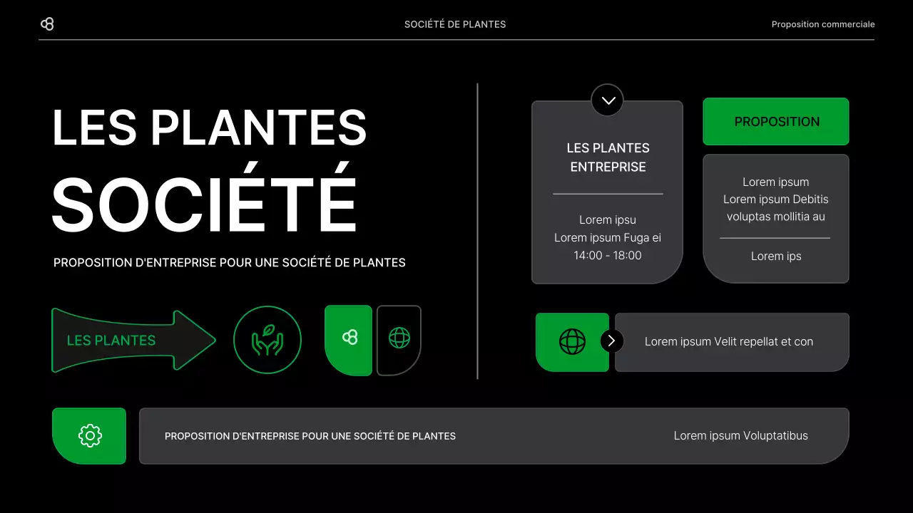 Proposition d'affaires pour une entreprise avec un concept de feuilles naturelles noires et vertes