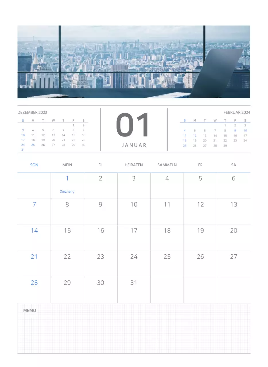Einfaches Business-Konzept Wandkalender in blau und weiß