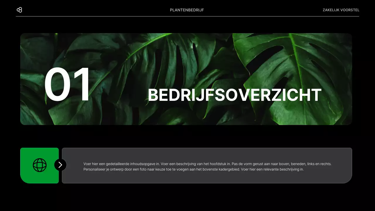 Zakelijk voorstel voor een bedrijf met een zwart en groen natuurlijk bladconcept