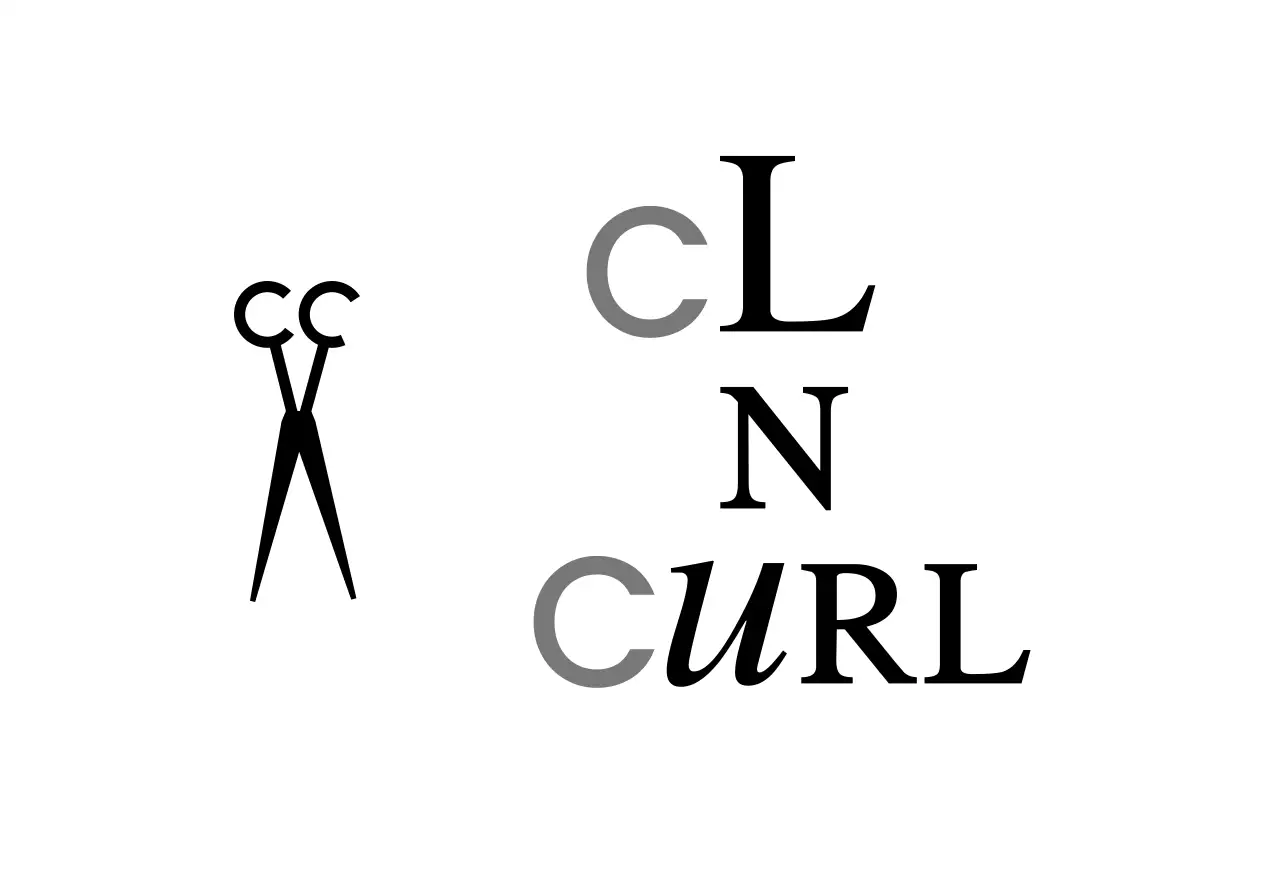 Rótulo de tienda de aspecto clásico con texto en blanco y negro sobre peluquería de corte y rizado e ilustración de unas tijeras.