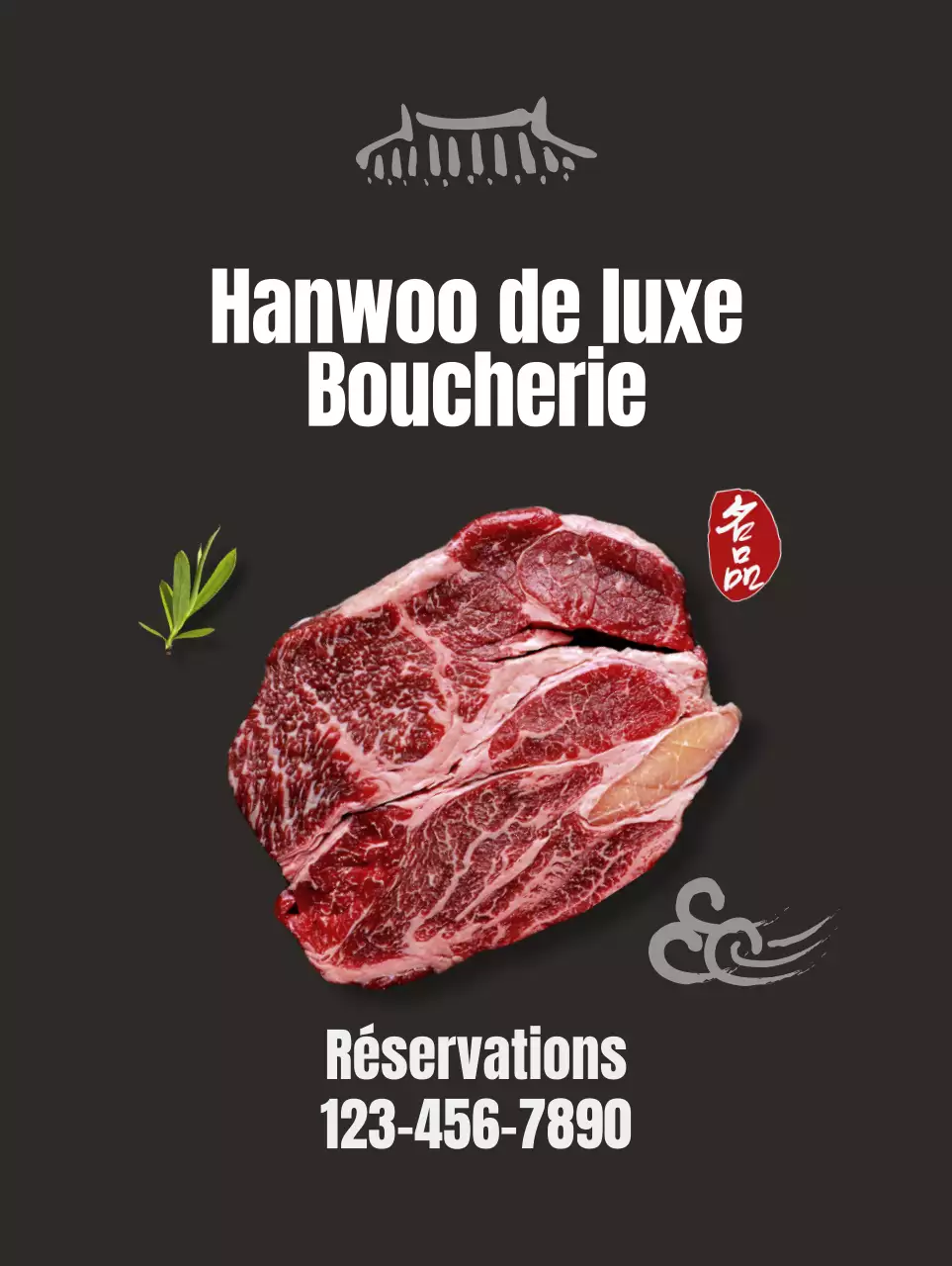 Promouvoir un restaurant propre, d'inspiration coréenne, avec des images de bœuf coréen sur fond noir.